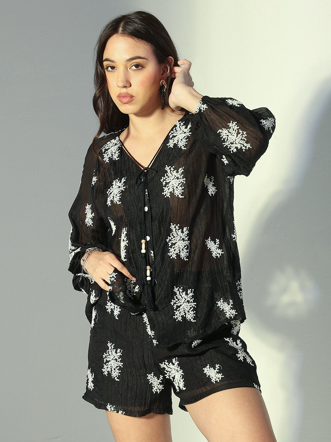 Women's Embroidered Black Button Front Top and Shorts Co-Ord Set