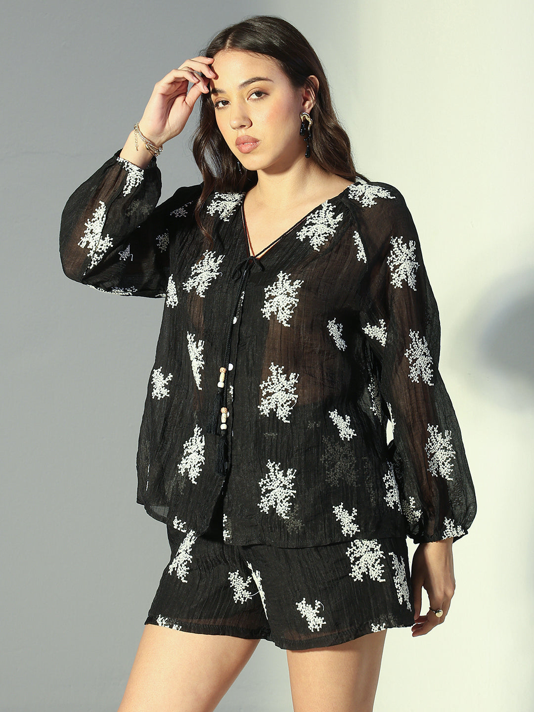 Women's Embroidered Black Button Front Top and Shorts Co-Ord Set