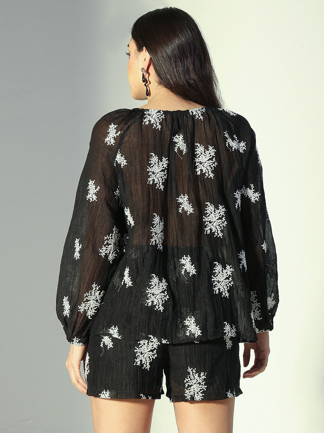 Women's Embroidered Black Button Front Top and Shorts Co-Ord Set