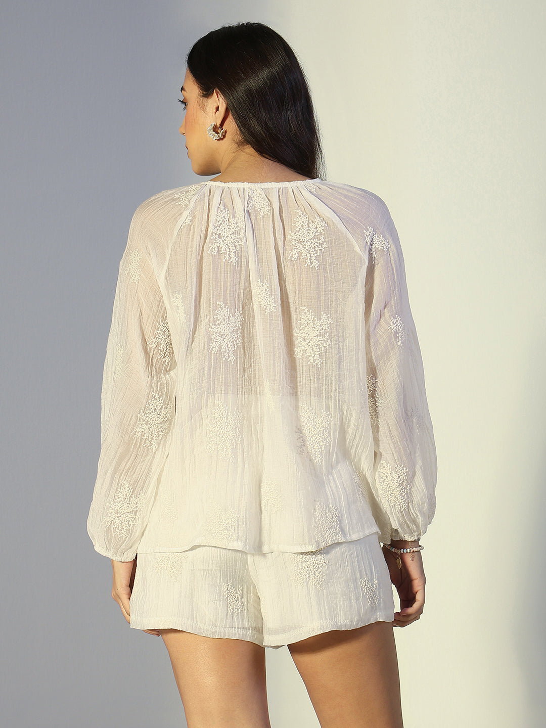 Women's Embroidered Cream Button Front Top and Shorts Co-Ord Set