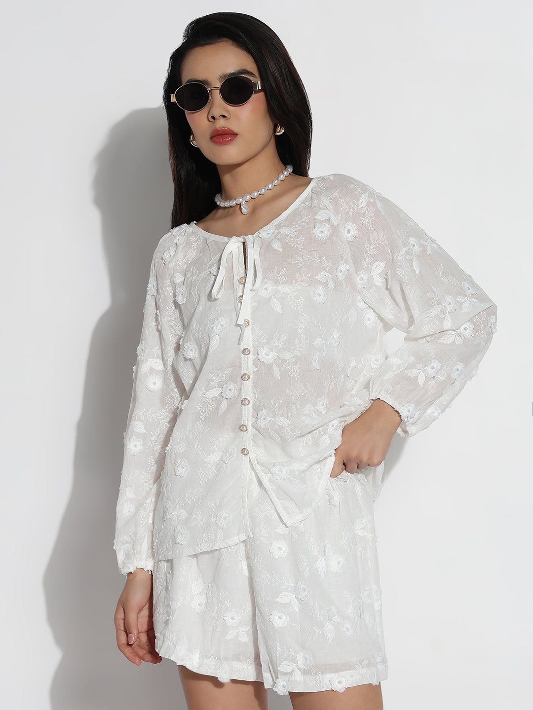 Women White Embroidered Co-ords Set