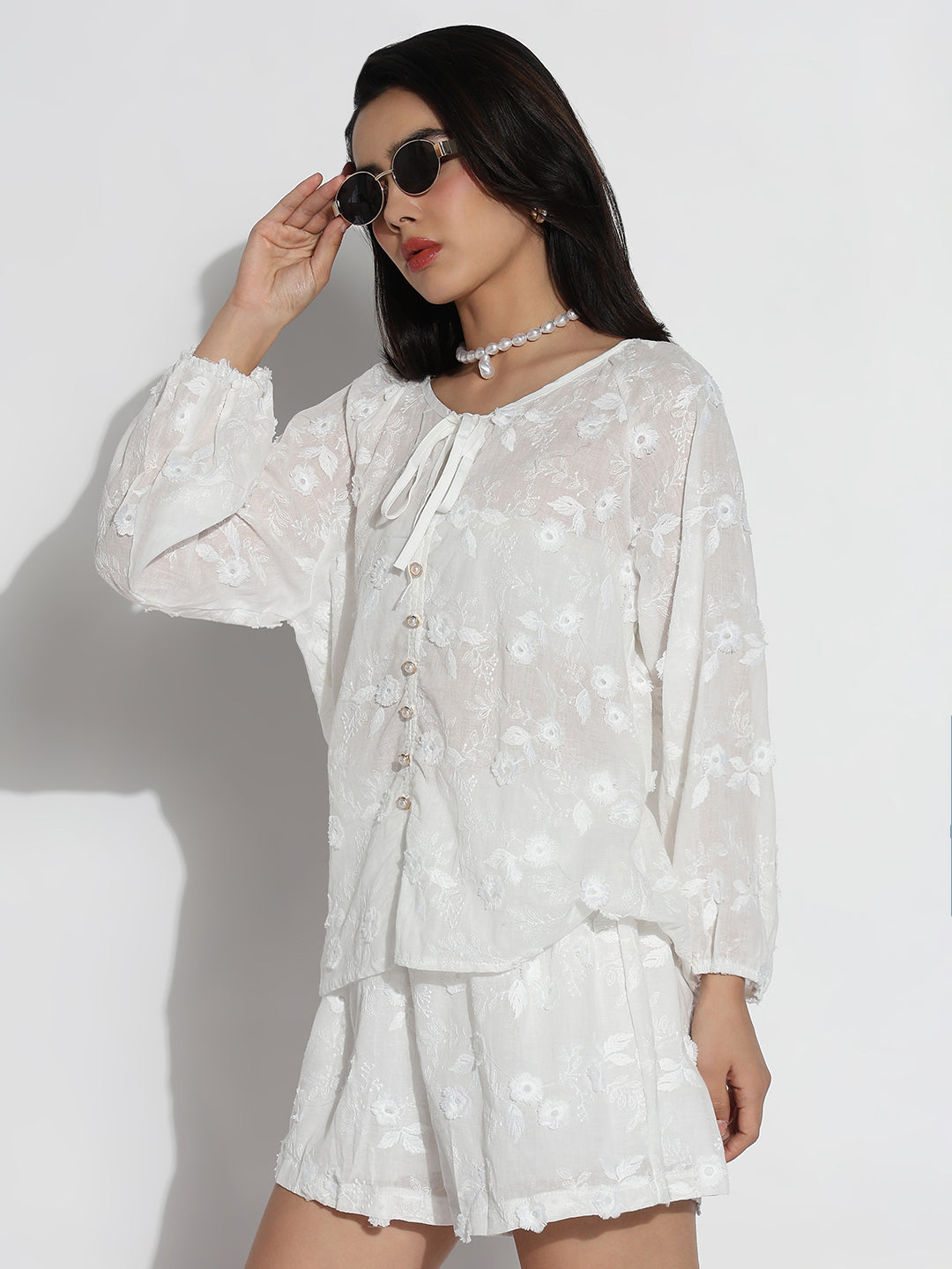 Women White Embroidered Co-ords Set