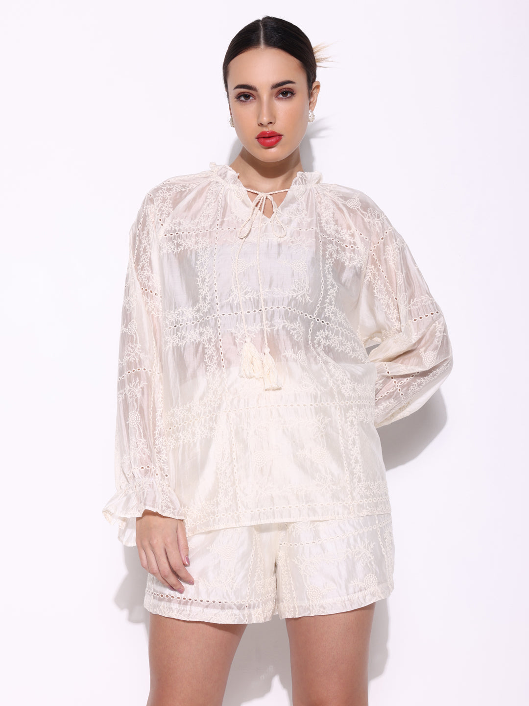 Women Embroidered Cream Co Ords Set