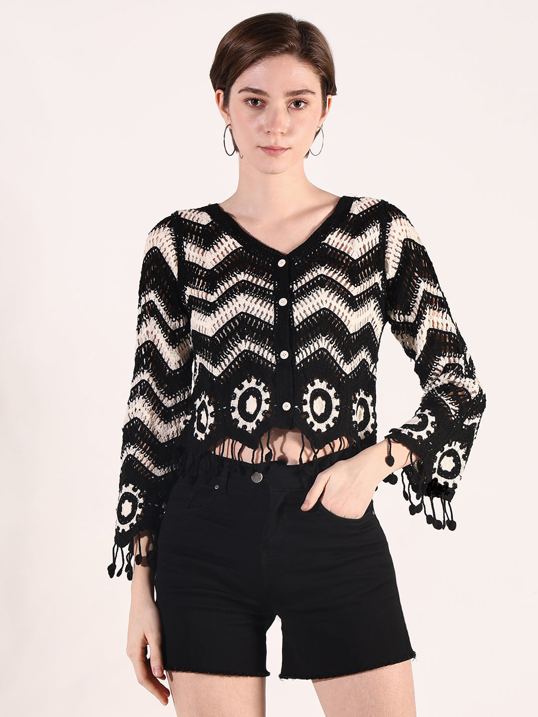 Women Black Solid Crochet Crop Top