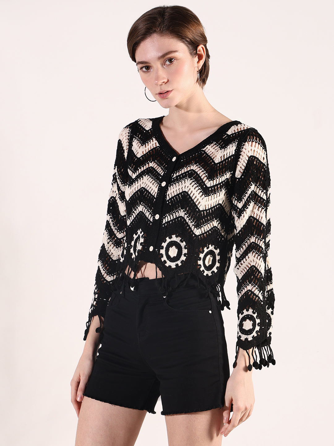 Women Black Solid Crochet Crop Top