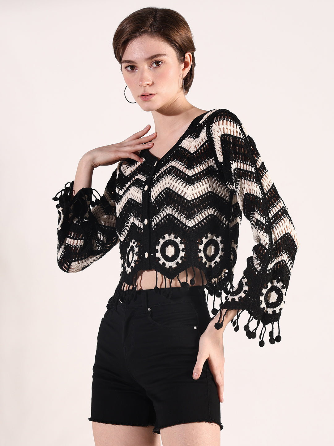 Women Black Solid Crochet Crop Top