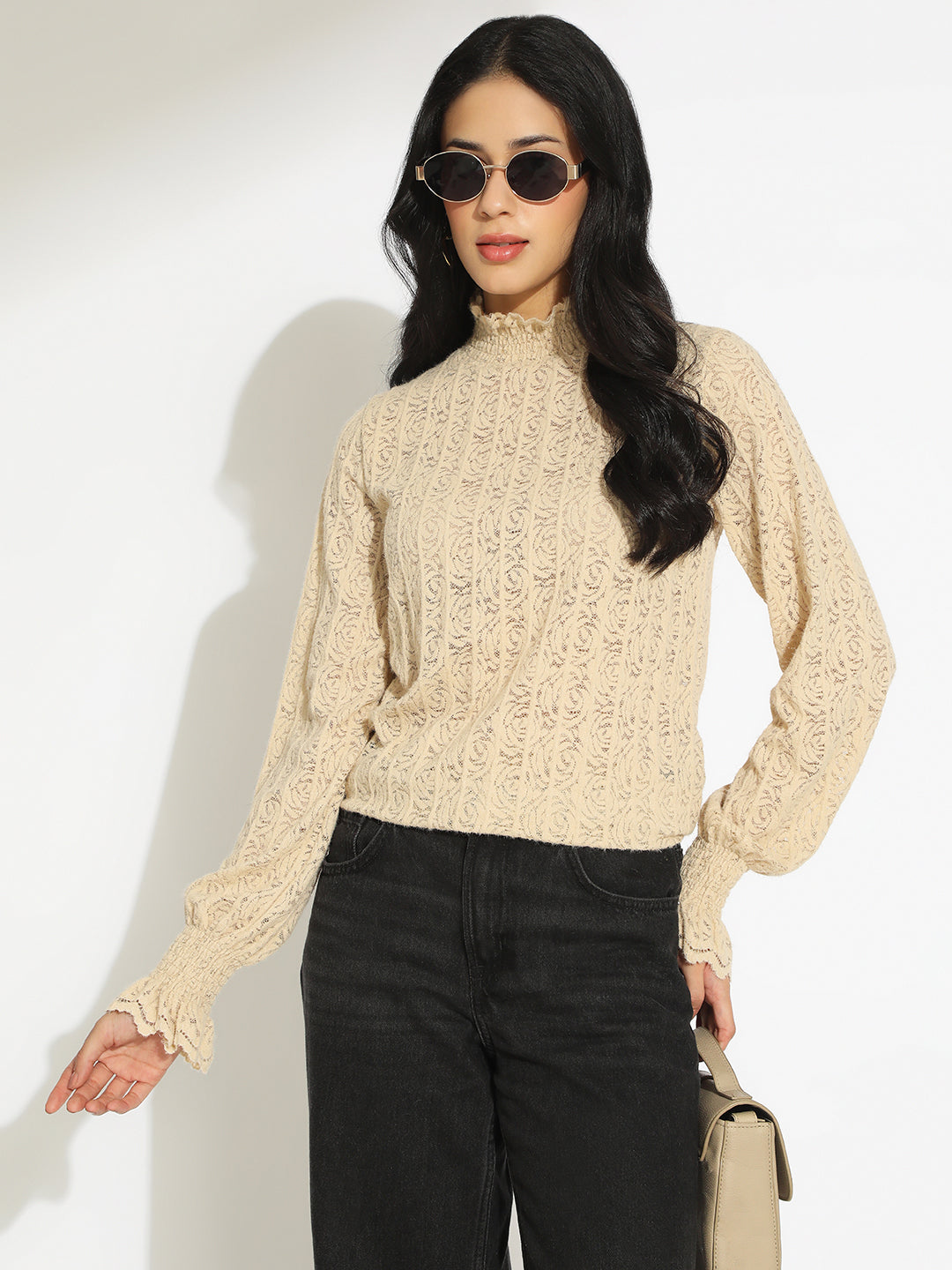 Women's Beige Floral Lace Ruffled High Neck Top