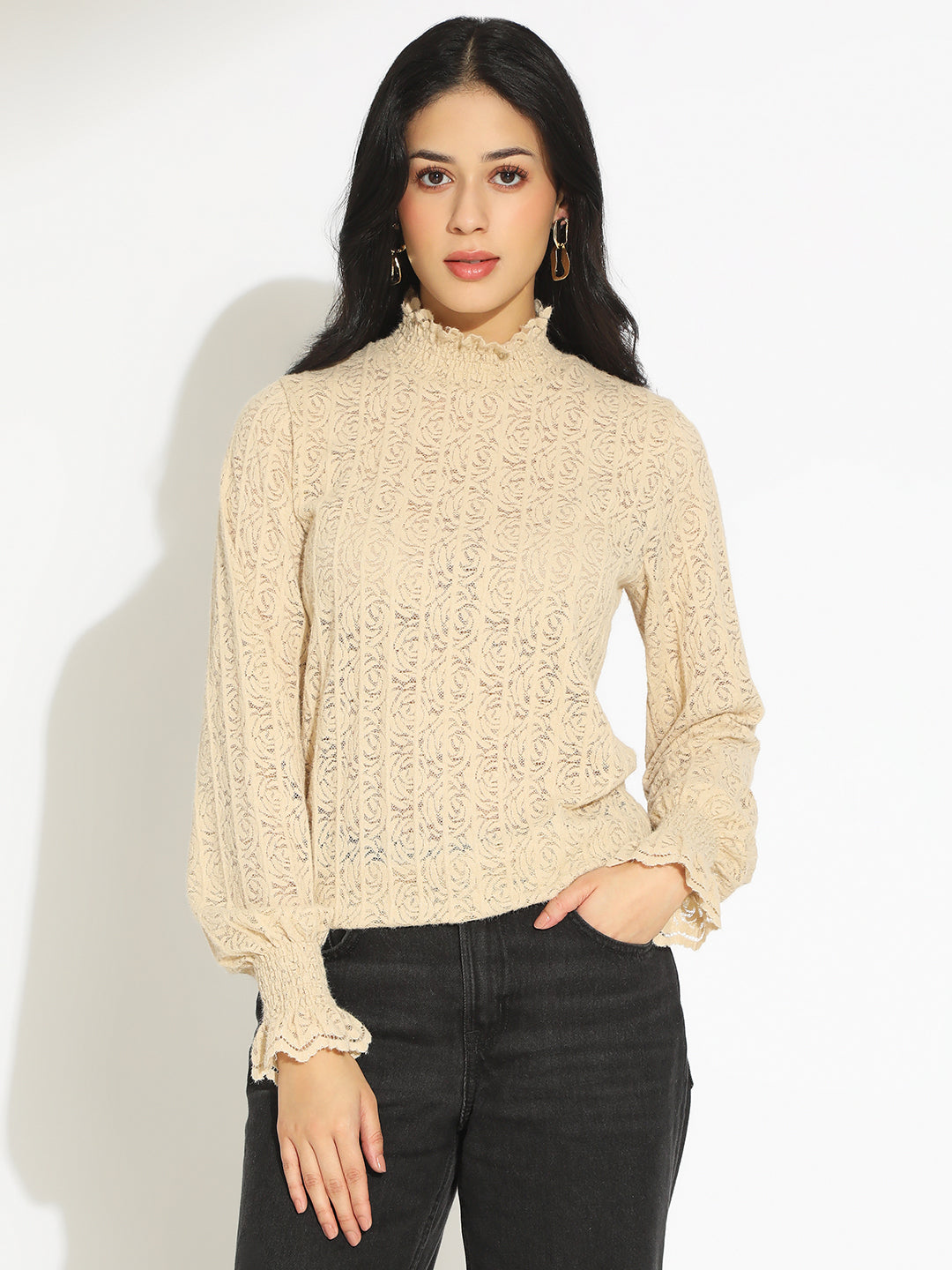 Women's Beige Floral Lace Ruffled High Neck Top