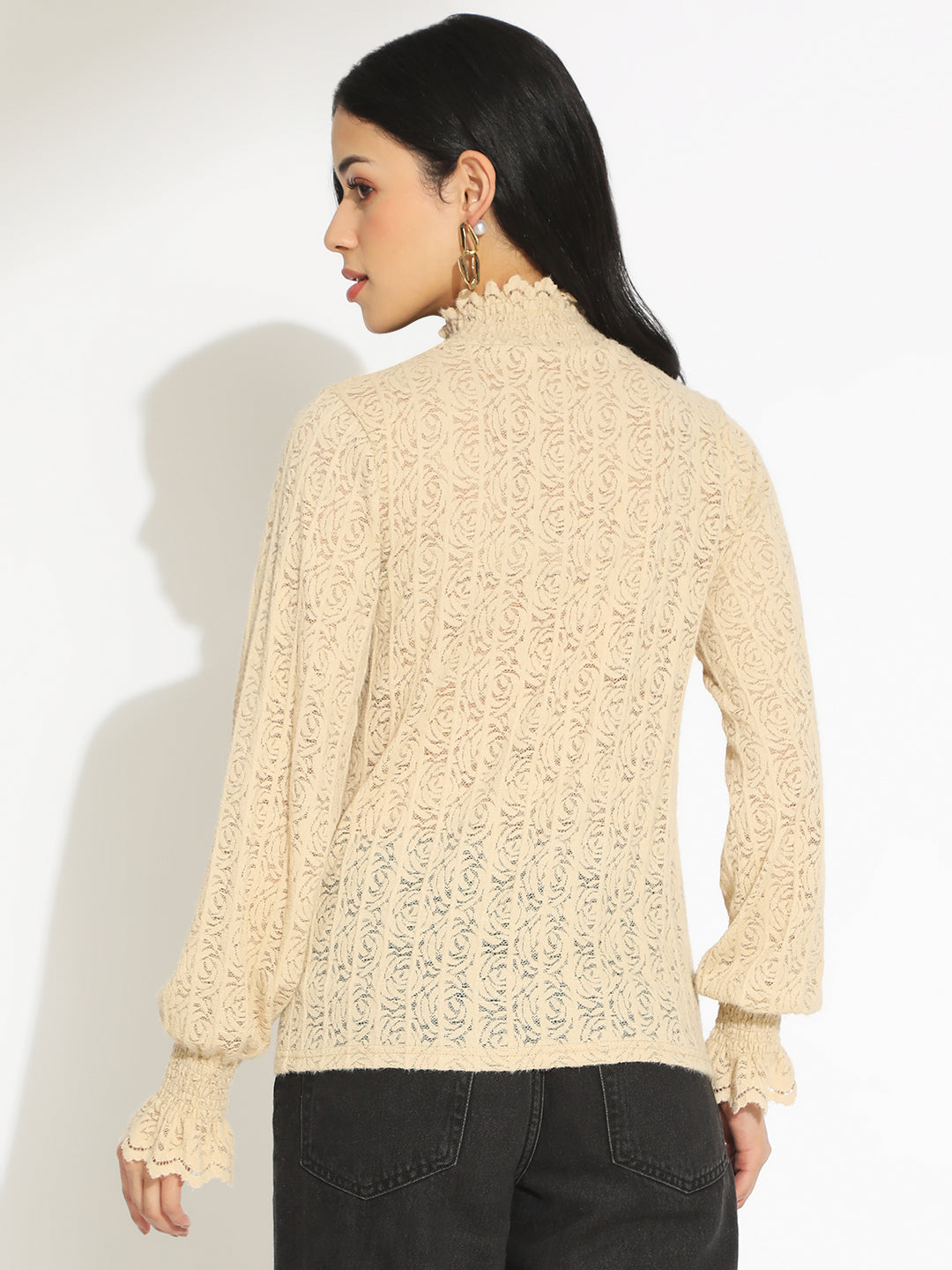 Women's Beige Floral Lace Ruffled High Neck Top