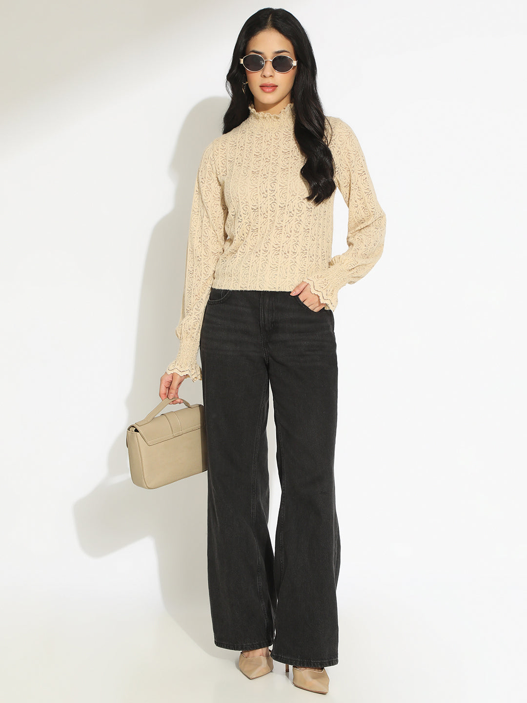 Women's Beige Floral Lace Ruffled High Neck Top