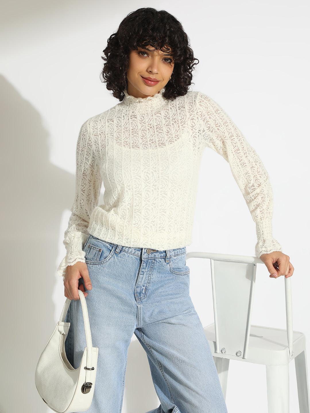 Women's Off White Floral Lace Ruffled High Neck Top