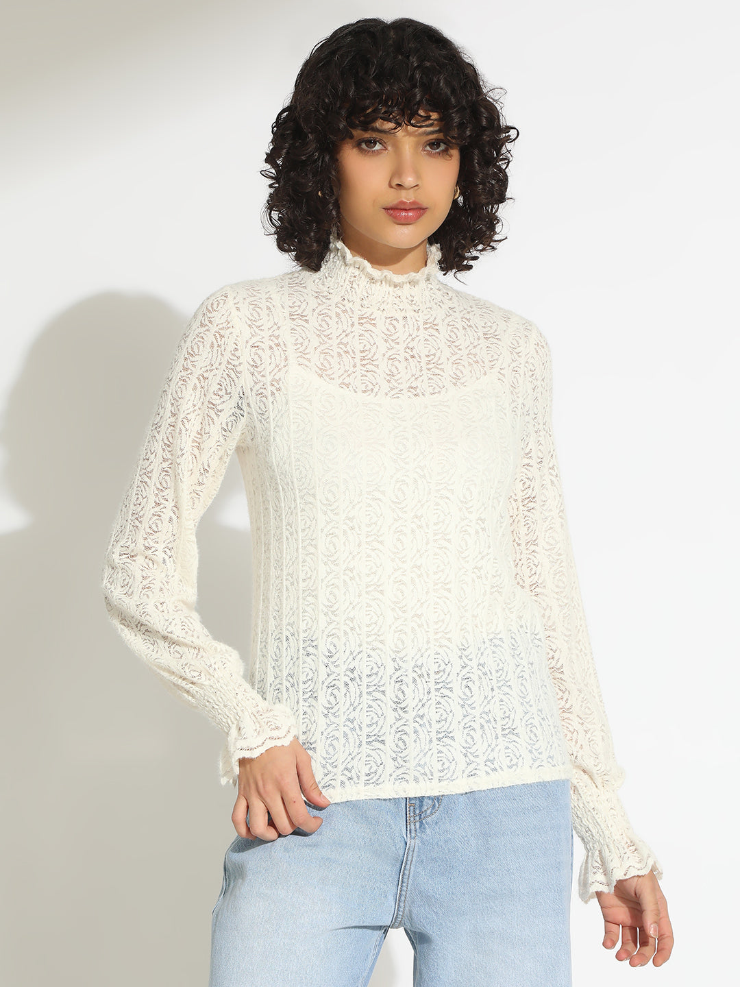 Women's Off White Floral Lace Ruffled High Neck Top