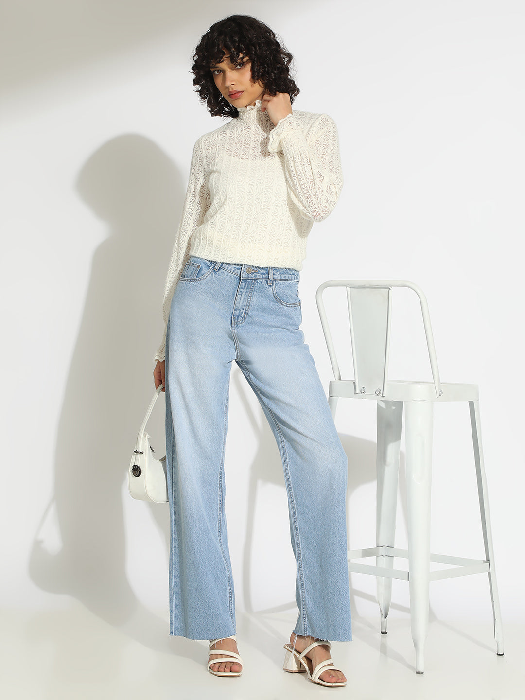 Women's Off White Floral Lace Ruffled High Neck Top