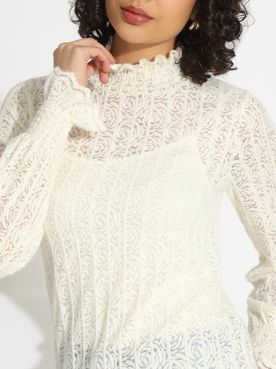 Women's Off White Floral Lace Ruffled High Neck Top