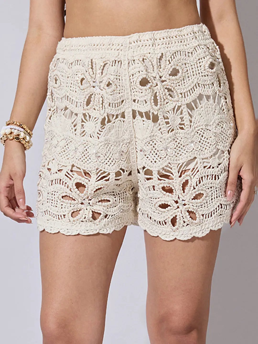 Women's Cream Crochet Sleeveless Top & Shorts Co Ord Set
