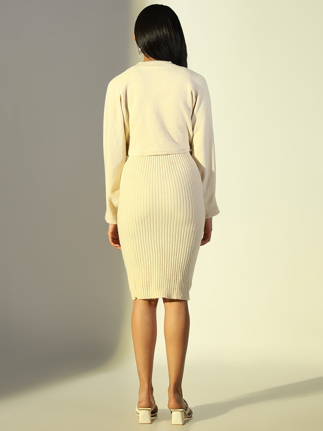 Women's Cream Solid Bodycon Dress with Top