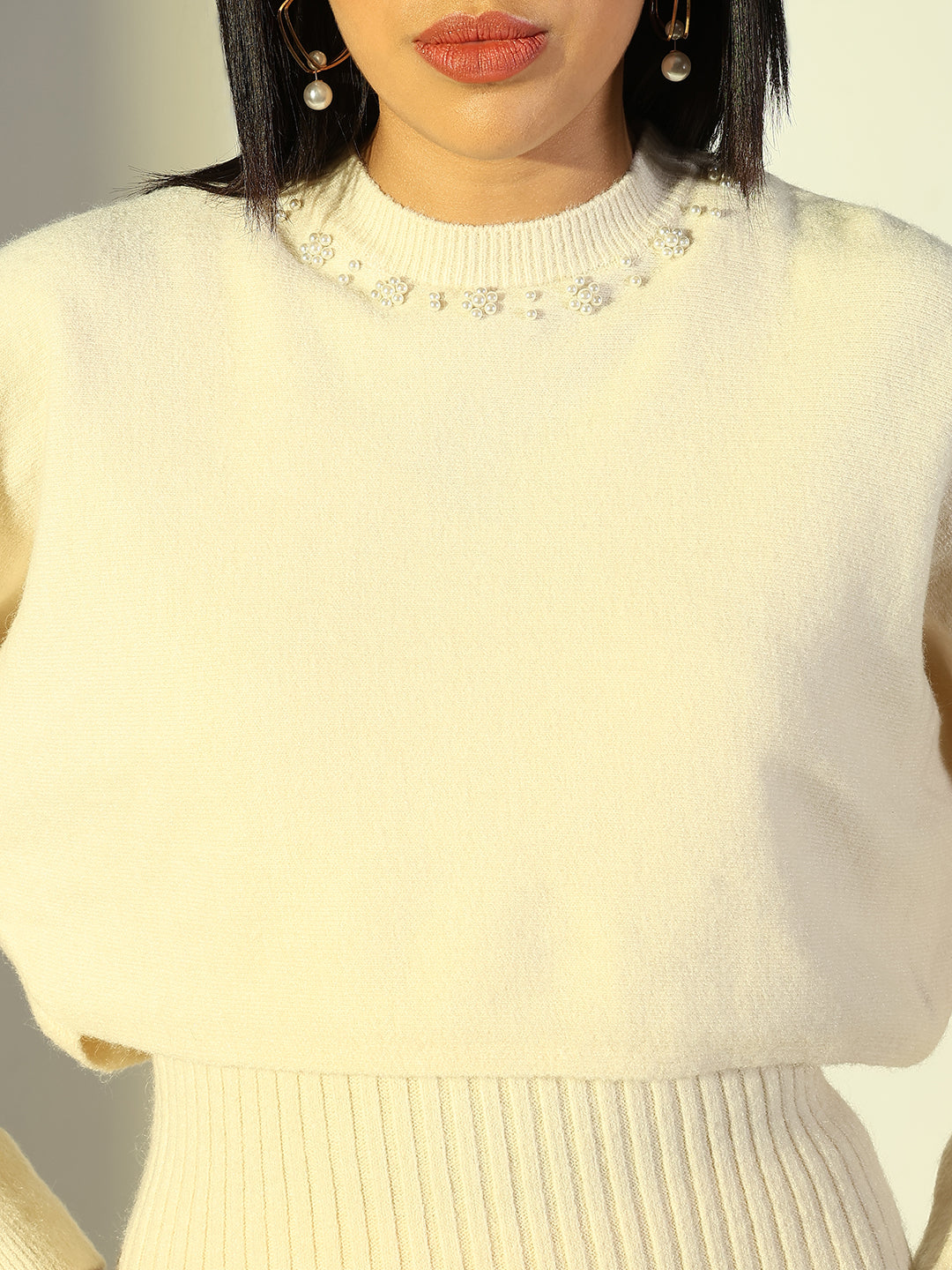 Women's Cream Solid Bodycon Dress with Top