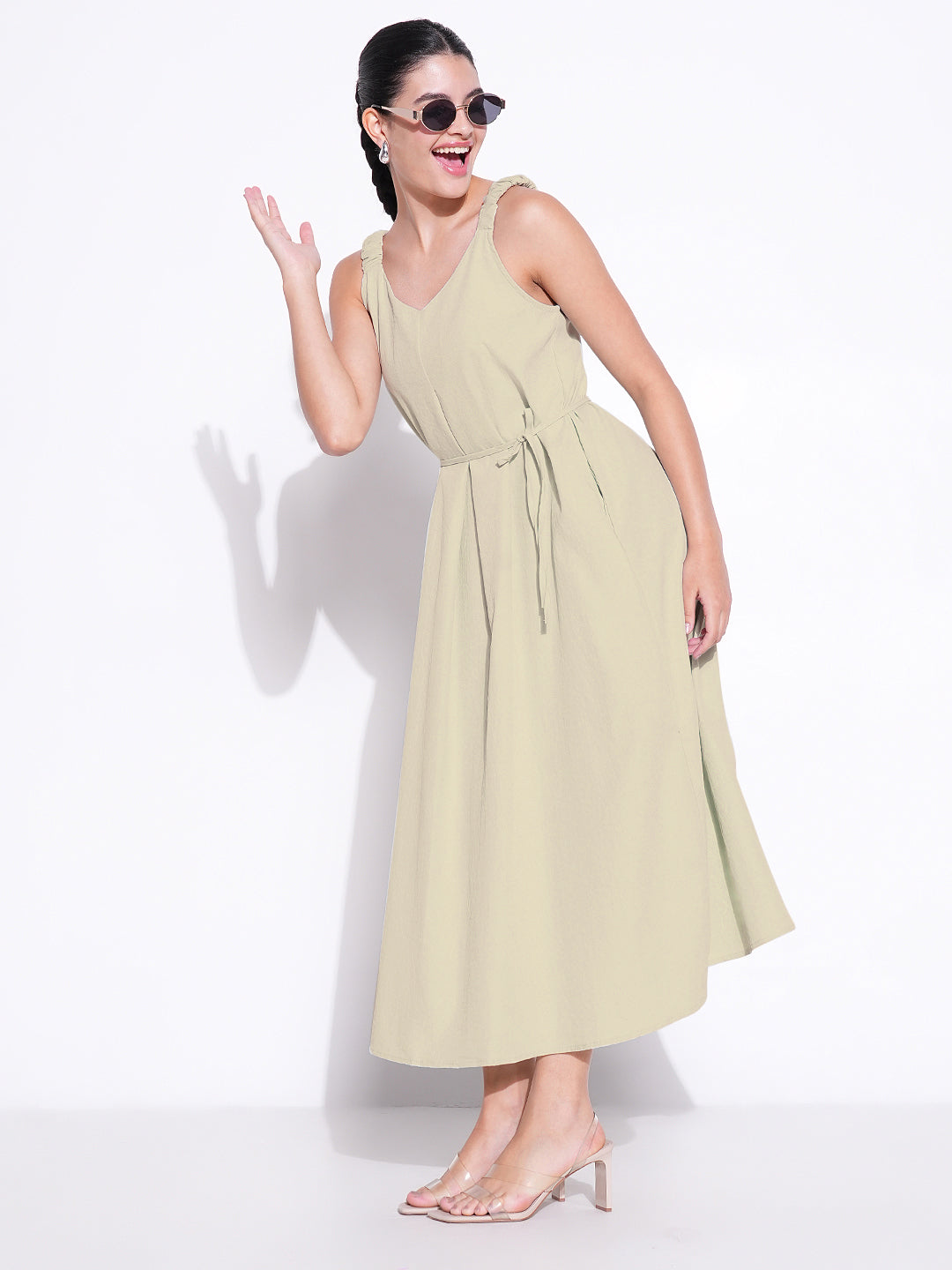 Women Beige Solid Fit and Flare Dress