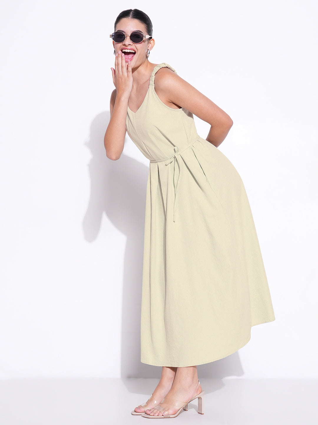 Women Beige Solid Fit and Flare Dress