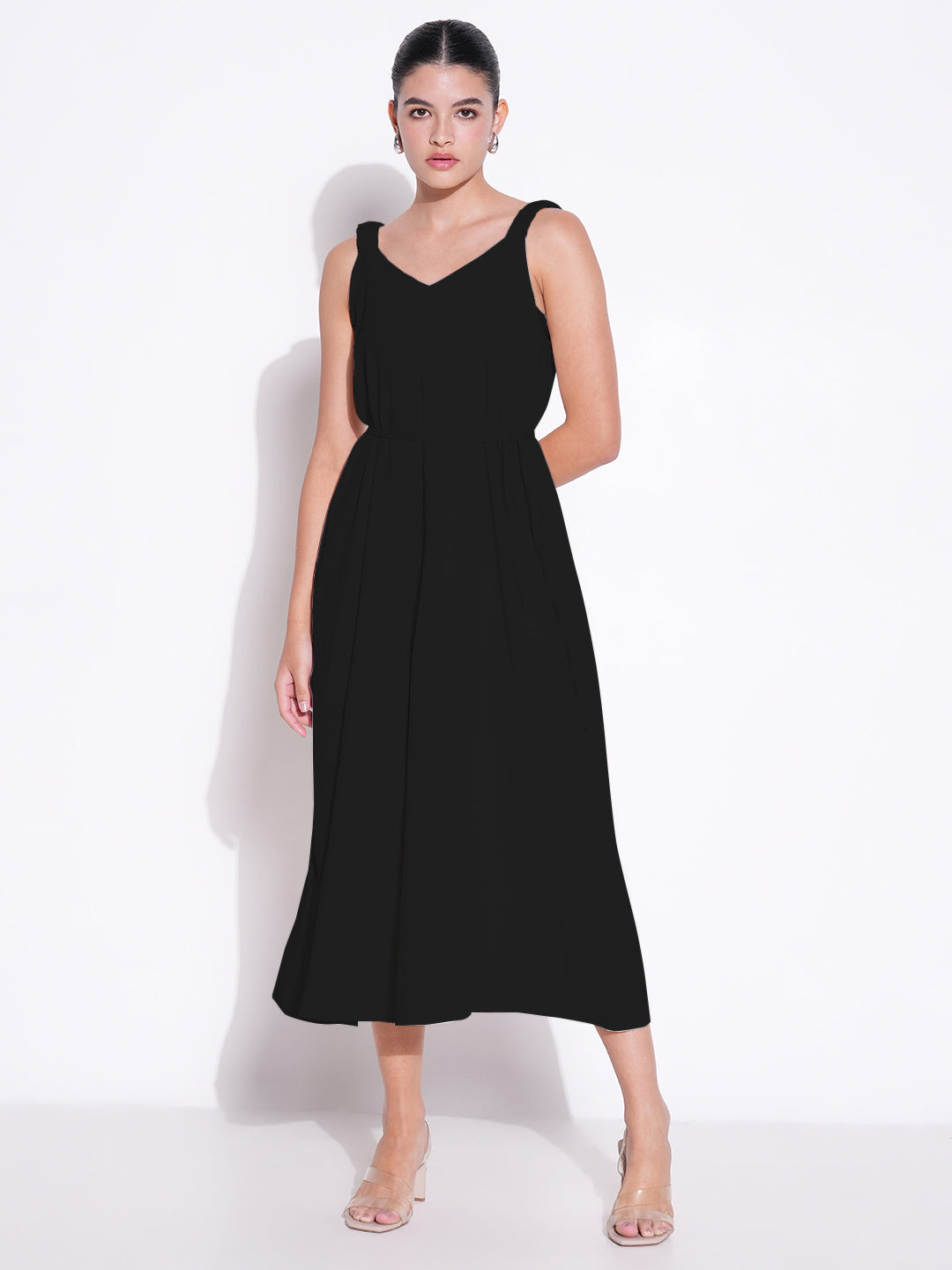 Women Black Solid Fit and Flare Dress