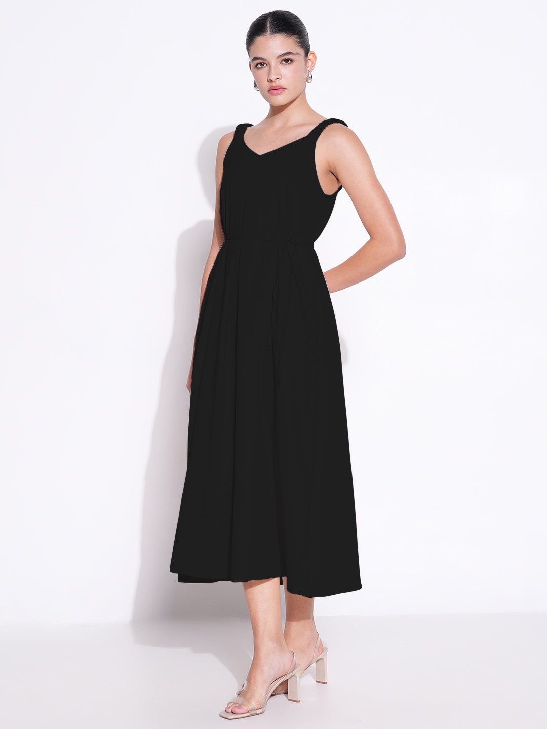 Women Black Solid Fit and Flare Dress