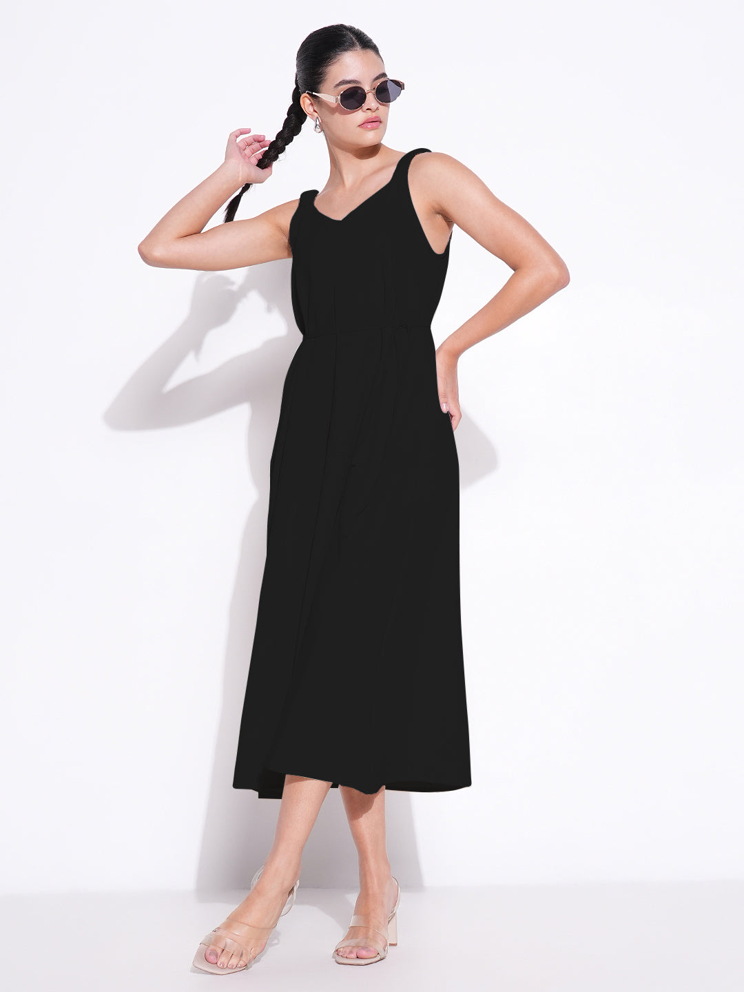 Women Black Solid Fit and Flare Dress