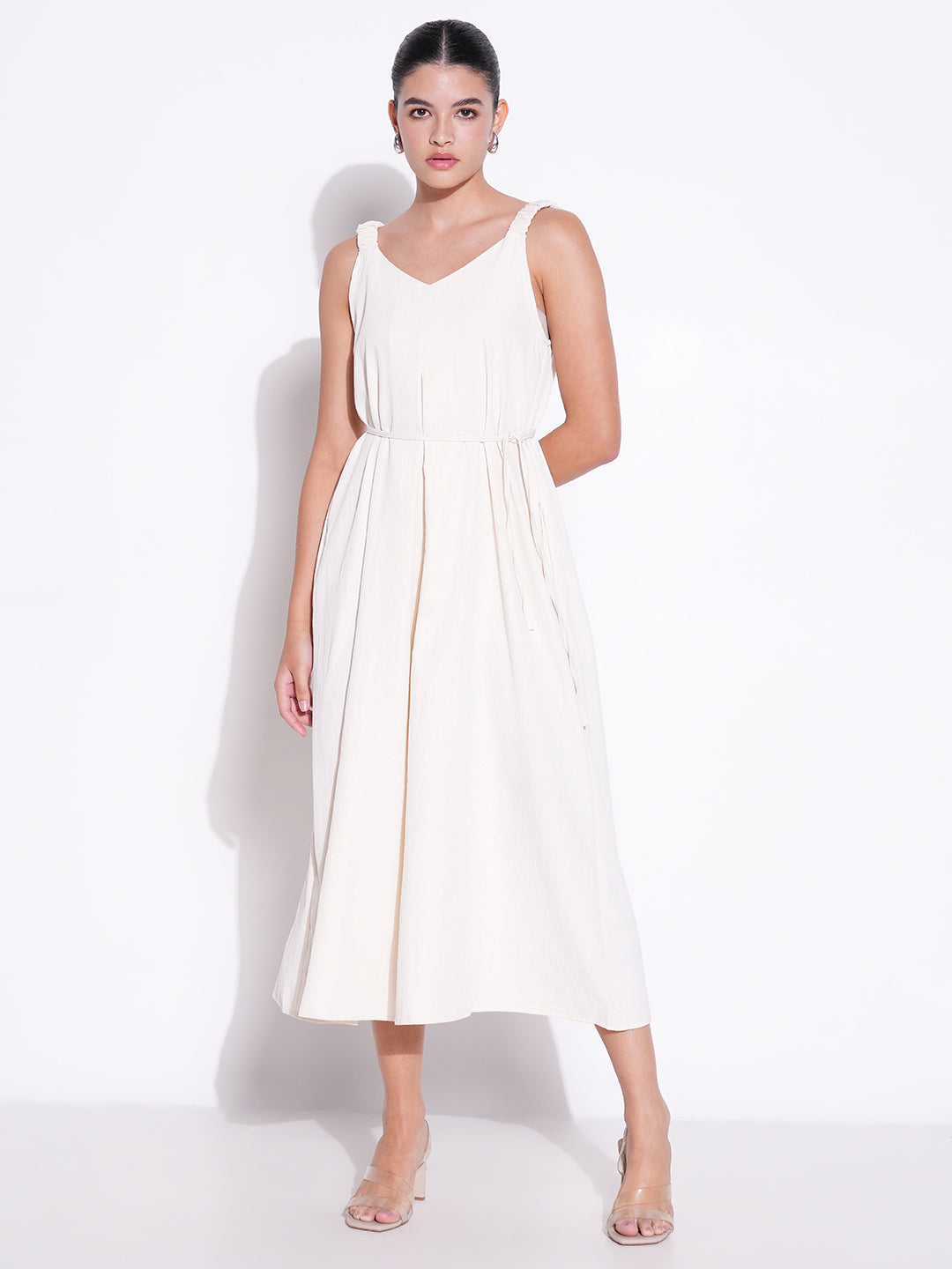 Women Solid Cream A Line Dress