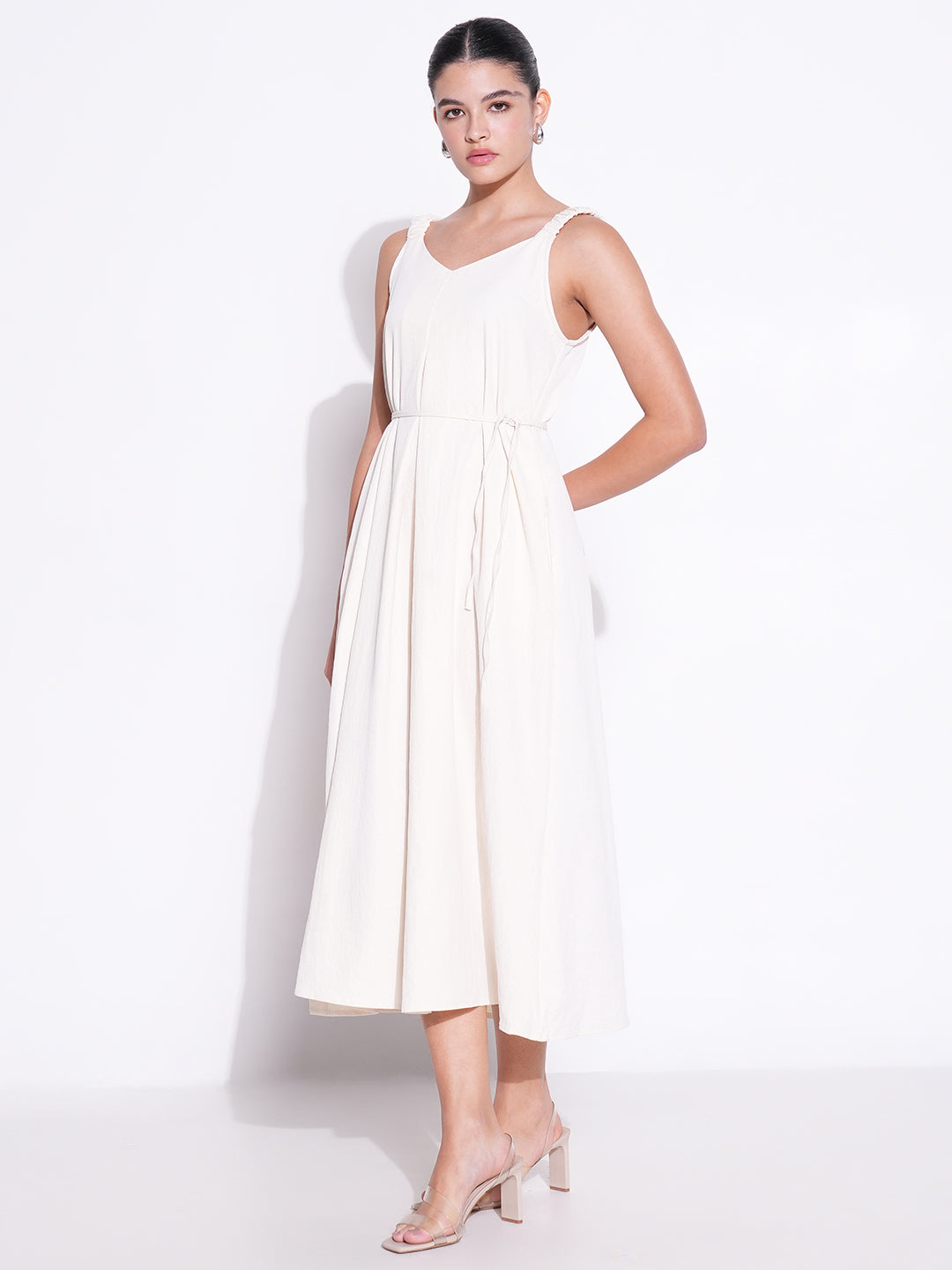 Women Solid Cream A Line Dress