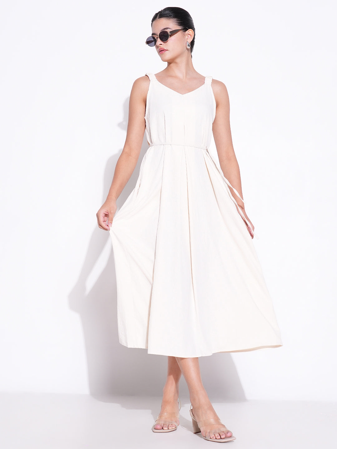 Women Solid Cream A Line Dress