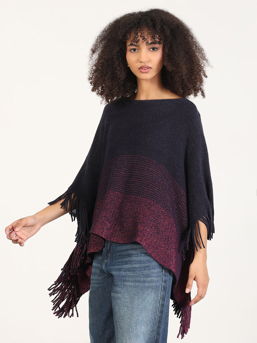 Women's Colorblocked Navy Blue Fringed Edge Poncho