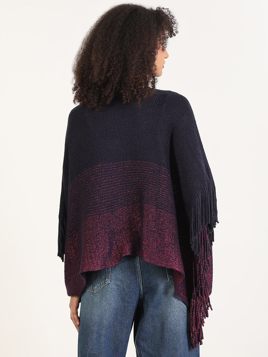 Women's Colorblocked Navy Blue Fringed Edge Poncho