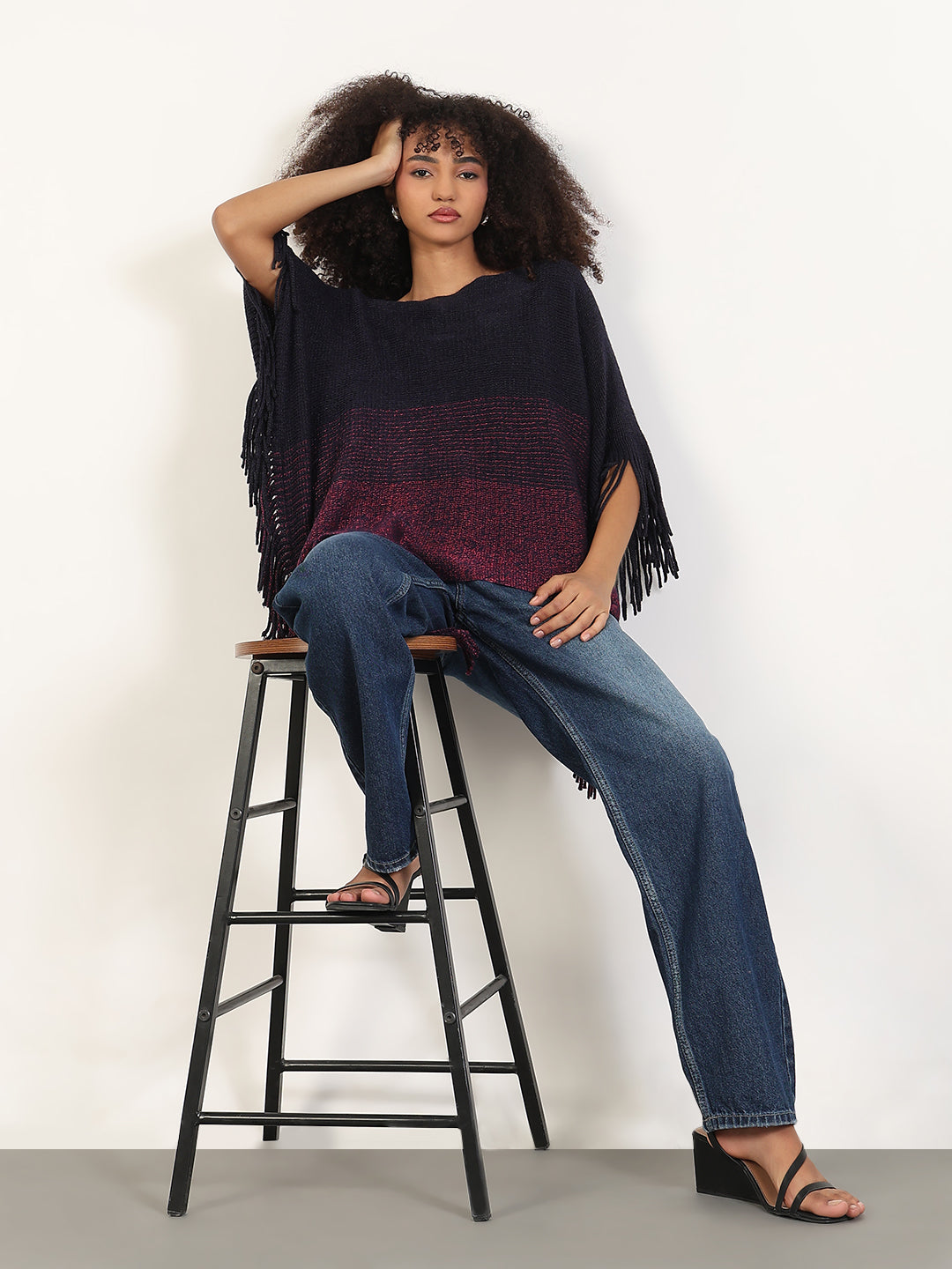 Women's Colorblocked Navy Blue Fringed Edge Poncho