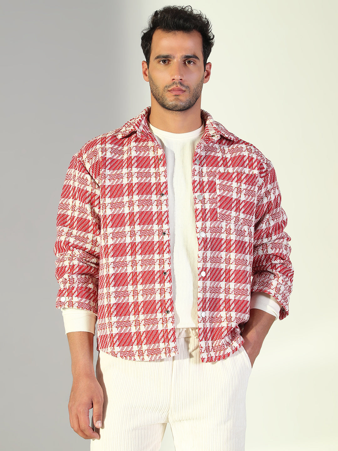 Men Checked Red Oversized Shacket