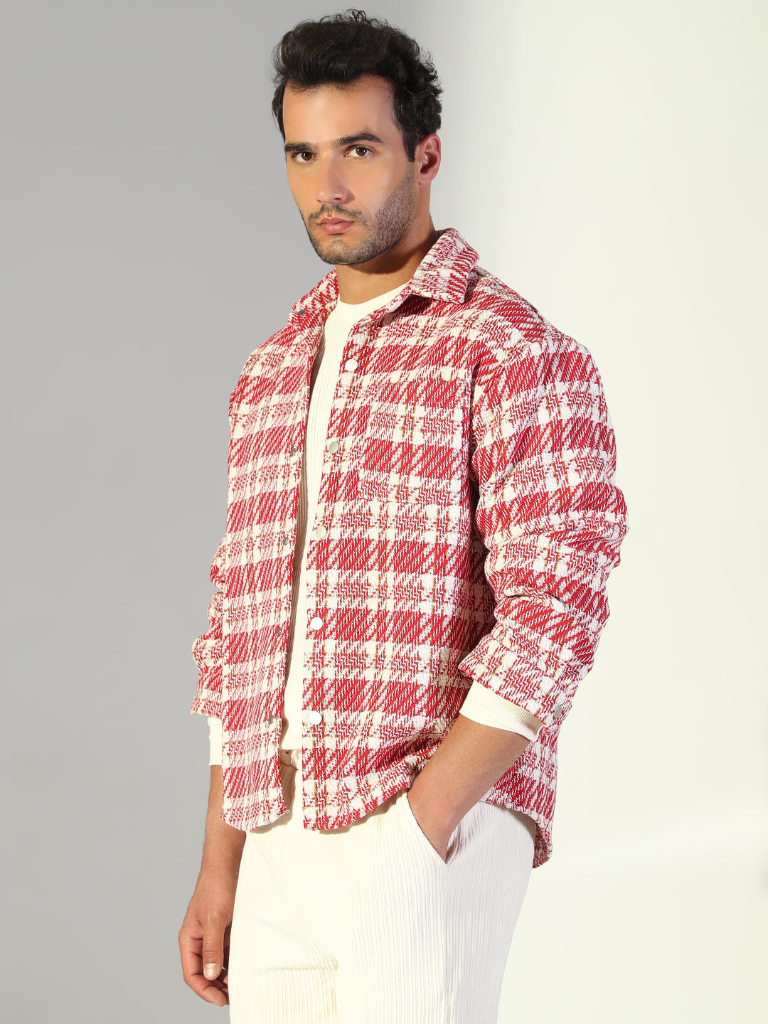 Men Checked Red Oversized Shacket