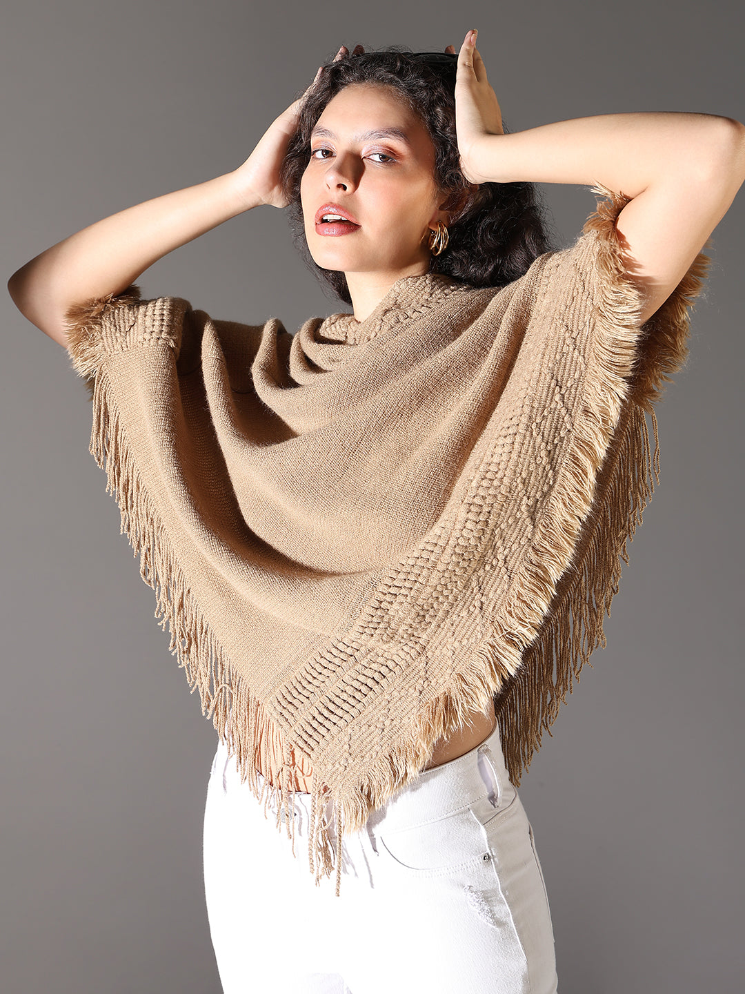 Women Beige Solid Longline Poncho