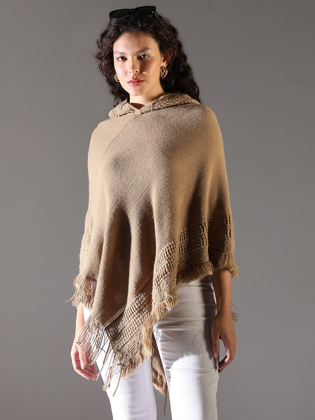 Women Beige Solid Longline Poncho