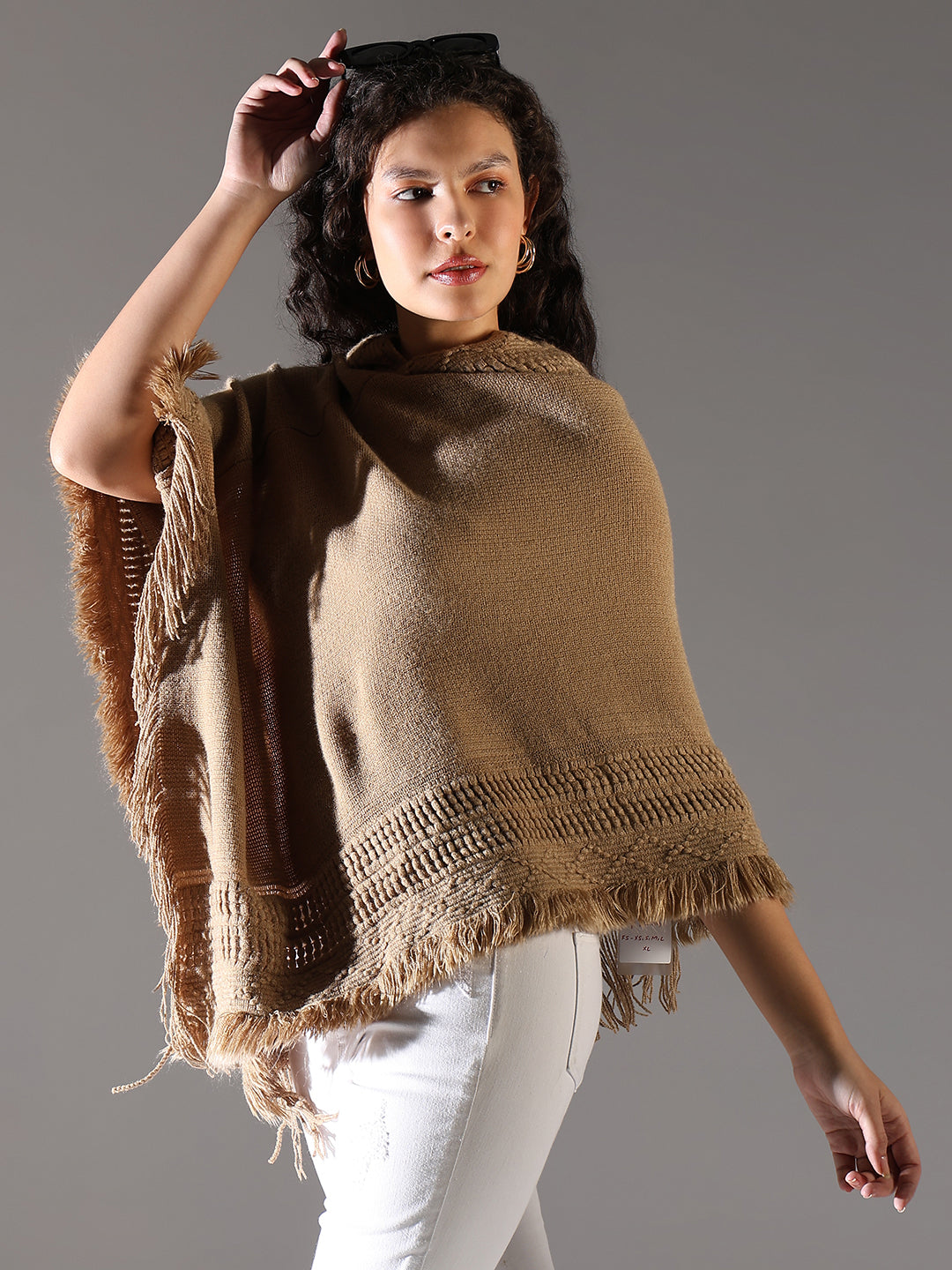 Women Beige Solid Longline Poncho