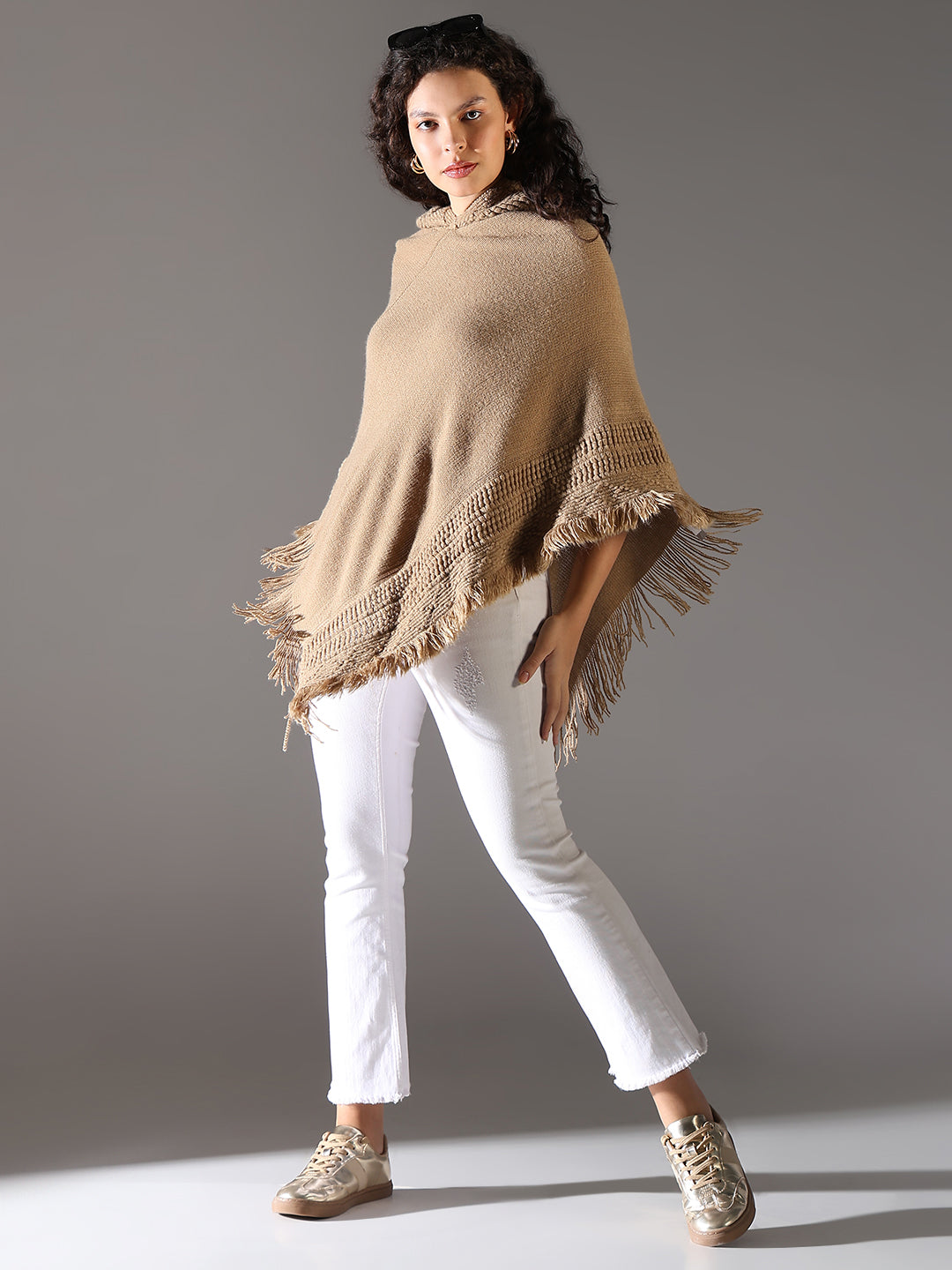 Women Beige Solid Longline Poncho