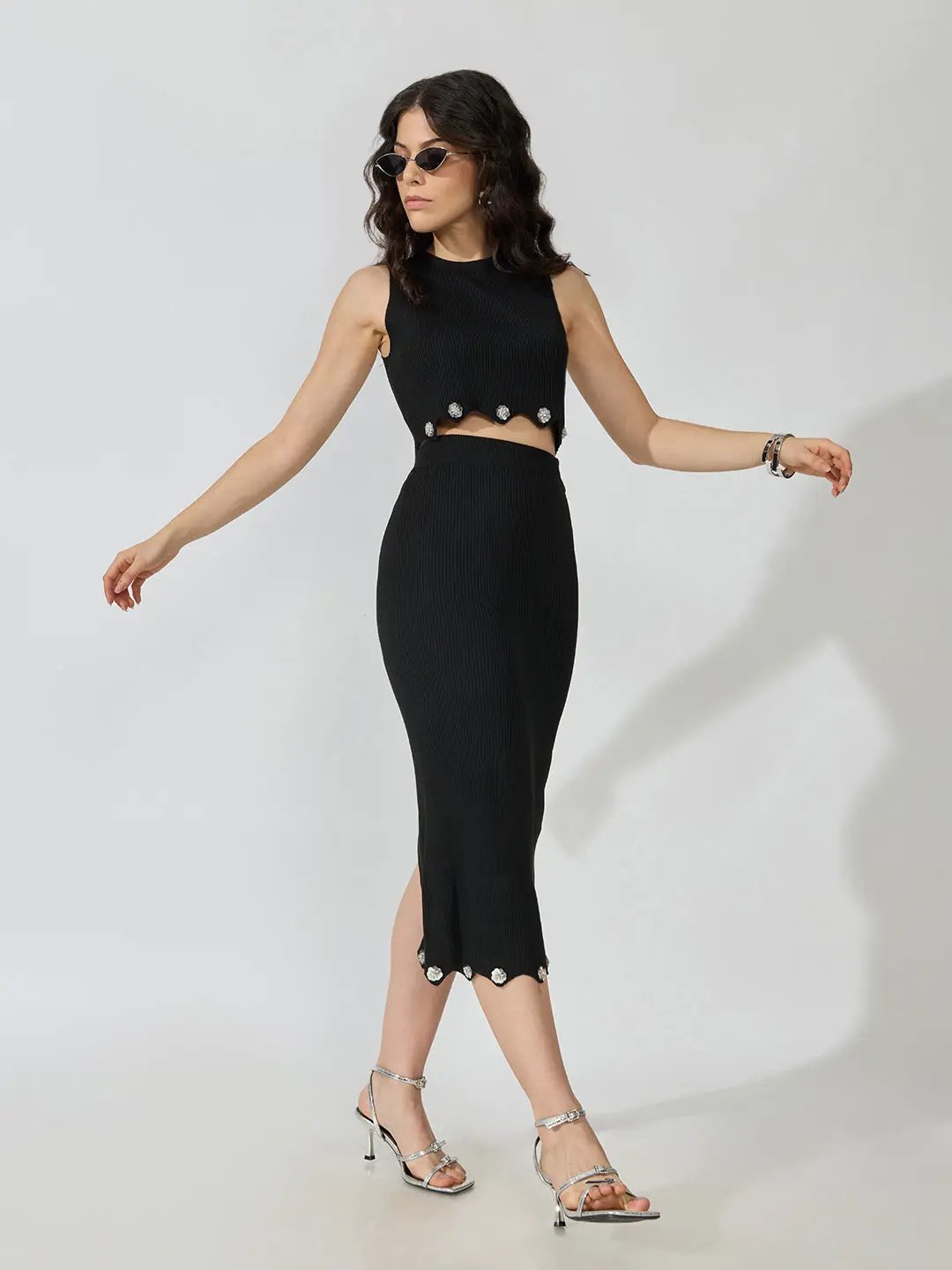 Women's Ribbed Black Round Neck Sleeveless Top with Skirt Co-Ords Set - from SHOWOFFFF