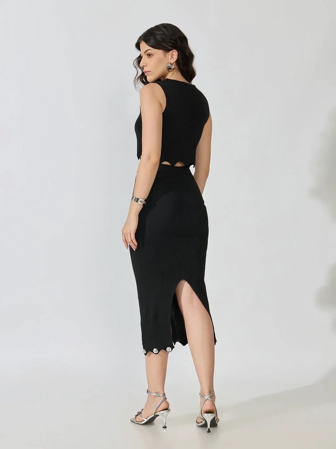 Women's Ribbed Black Round Neck Sleeveless Top with Skirt Co-Ords Set - from SHOWOFFFF