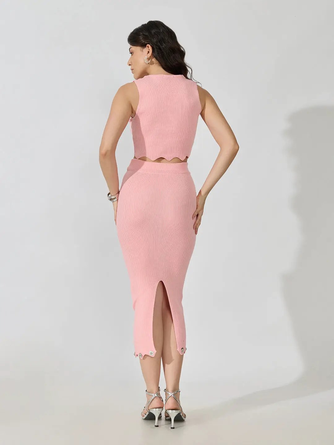 Women's Ribbed Pink Round Neck Sleeveless Top with Skirt Co-Ords Set - from SHOWOFFFF