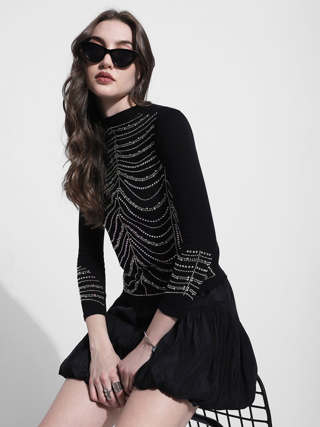 Women's Embellished Black Long Sleeve Top