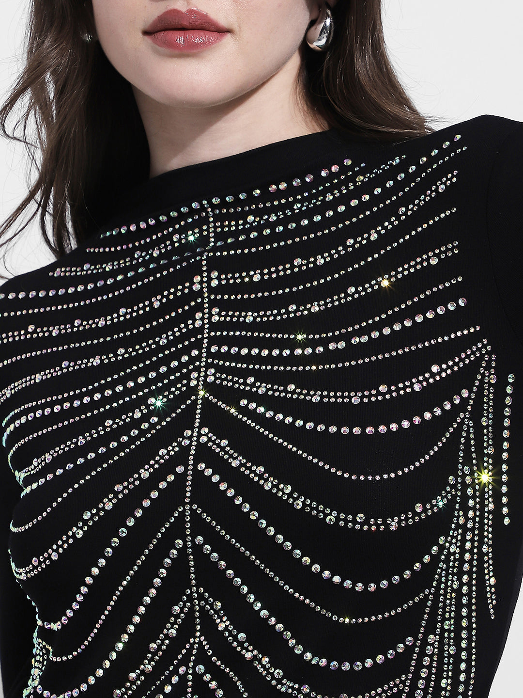 Women's Embellished Black Long Sleeve Top
