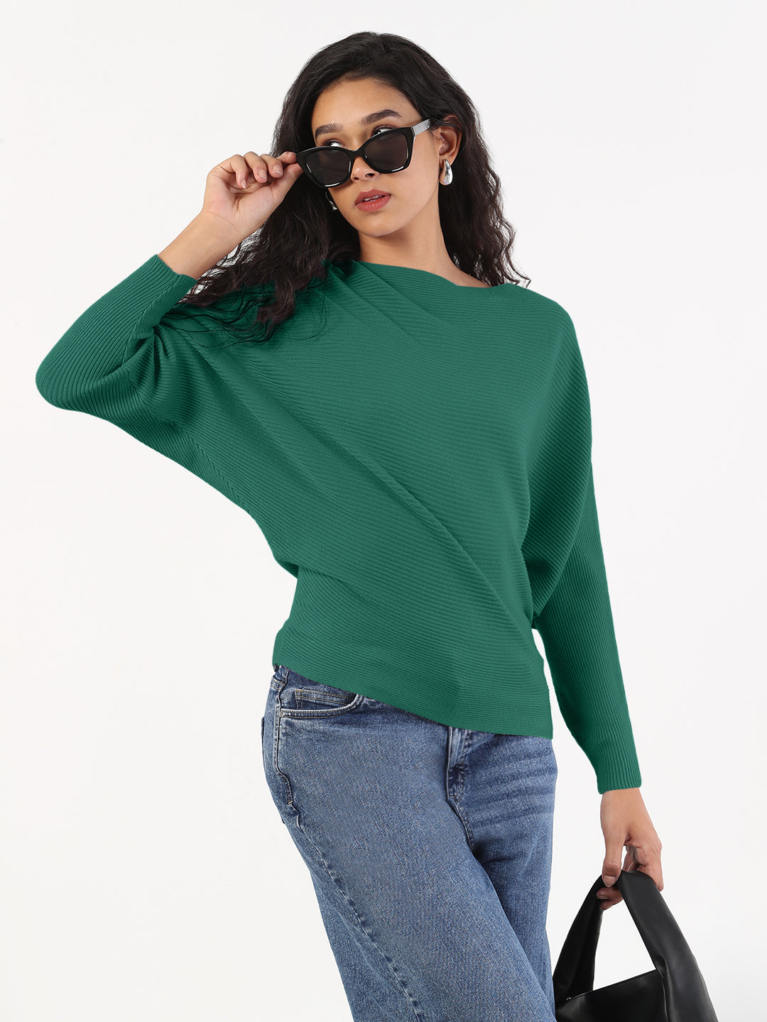 Women's Ribbed Green Batwing-Sleeve Pullover Top