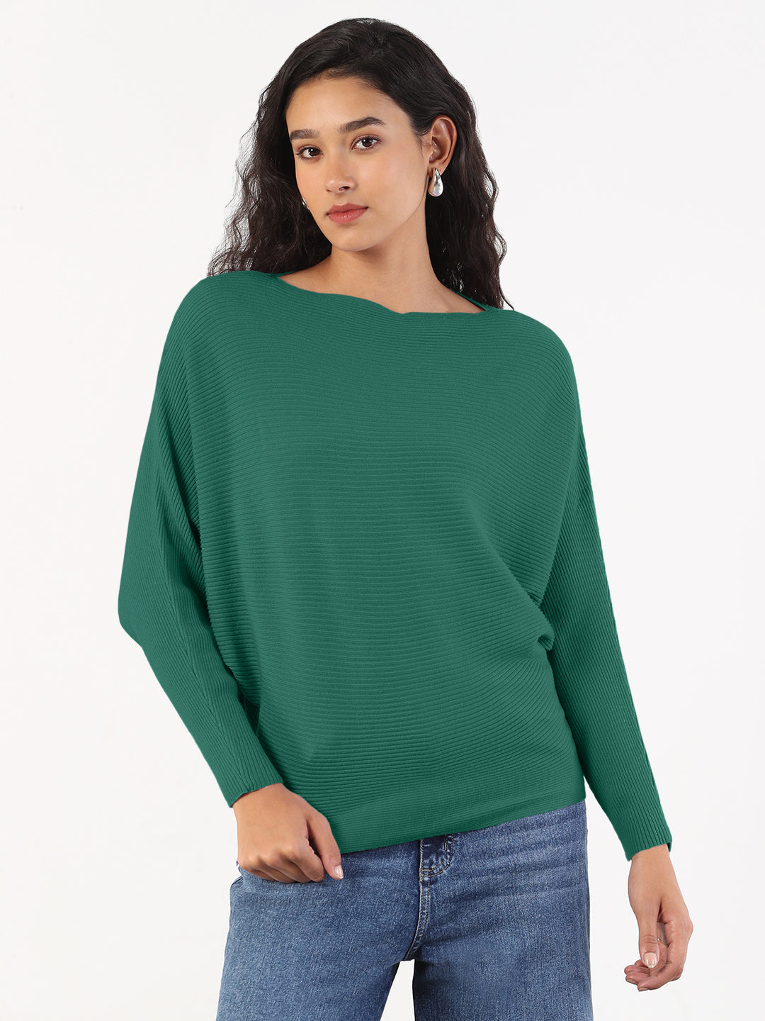 Women's Ribbed Green Batwing-Sleeve Pullover Top