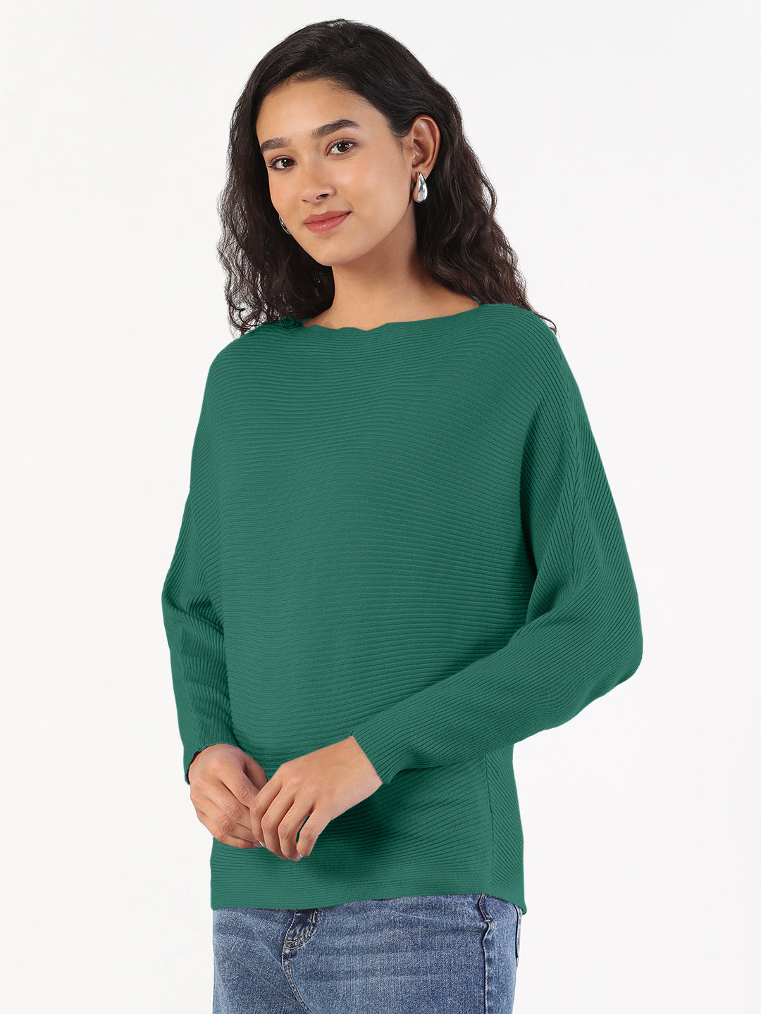Women's Ribbed Green Batwing-Sleeve Pullover Top