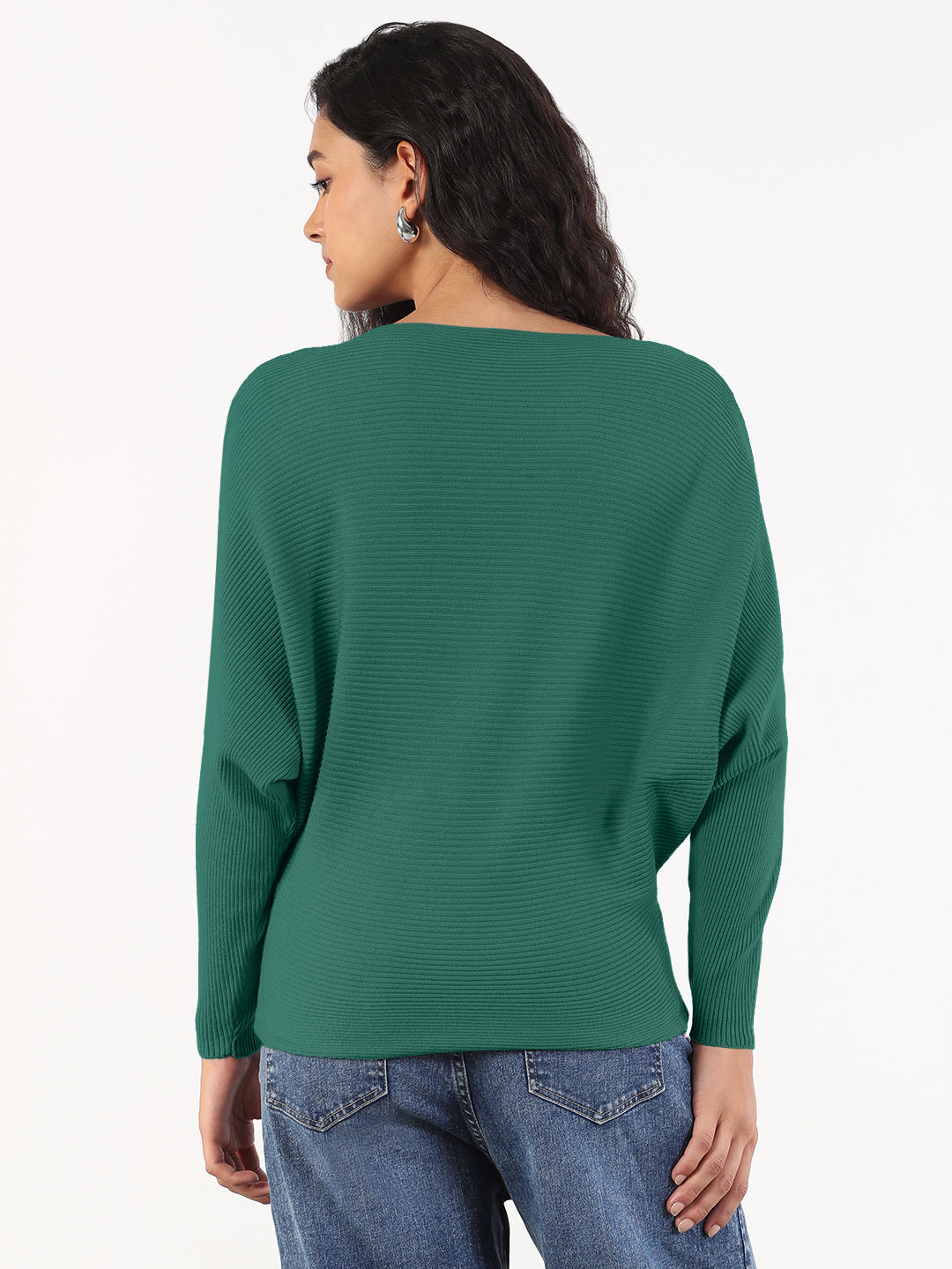 Women's Ribbed Green Batwing-Sleeve Pullover Top