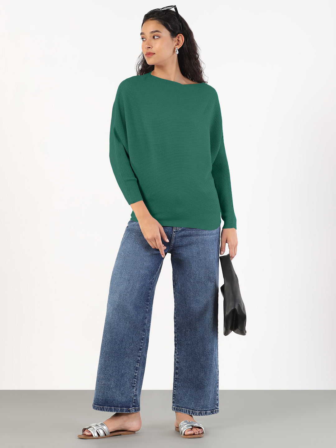 Women's Ribbed Green Batwing-Sleeve Pullover Top