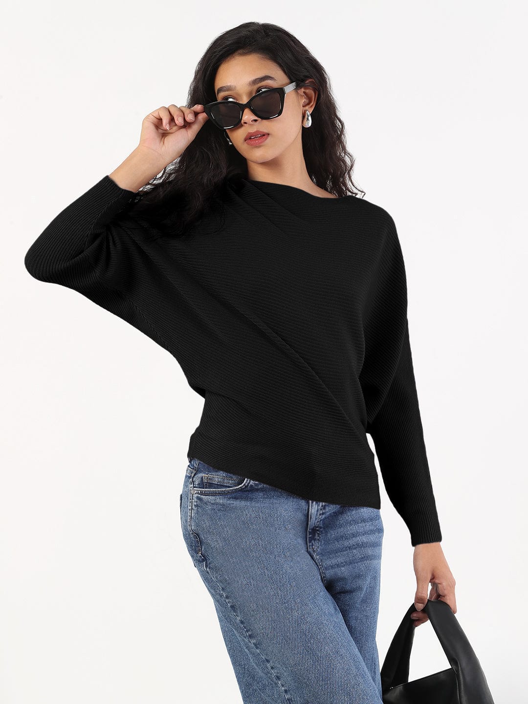 Women's Black Boat Neck Top