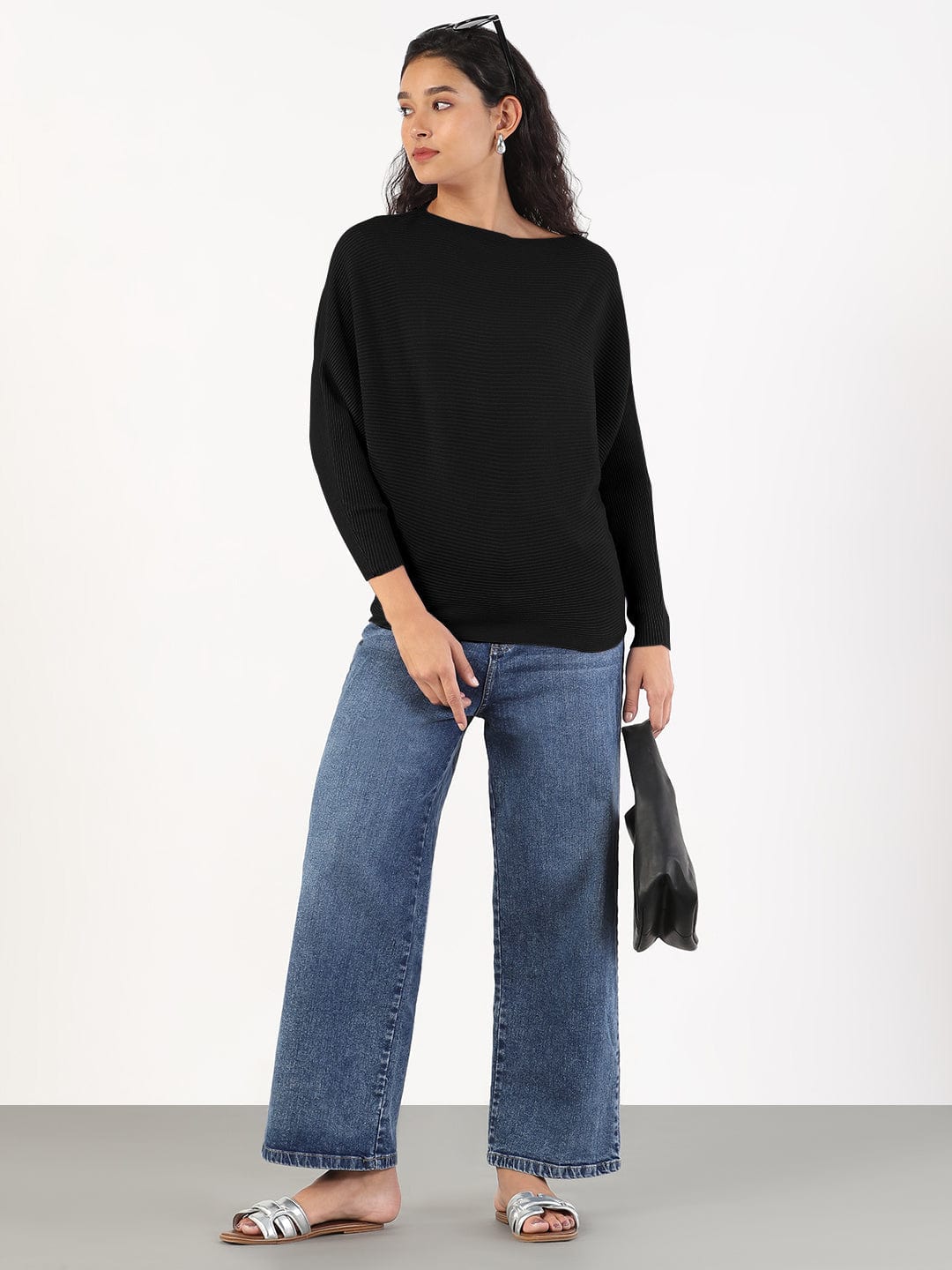 Women's Black Boat Neck Top